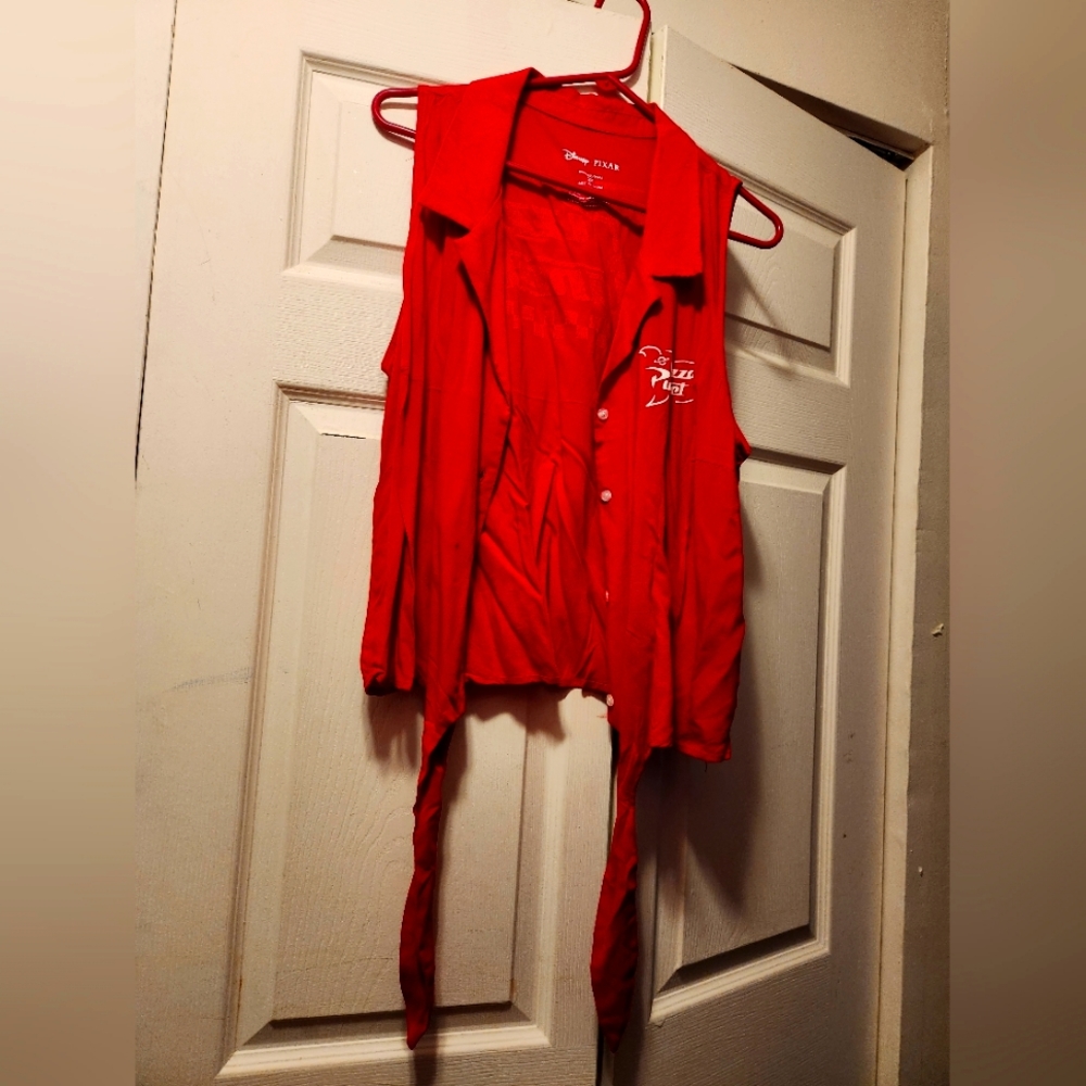 Disney red pizza planet button up collared tie-up top